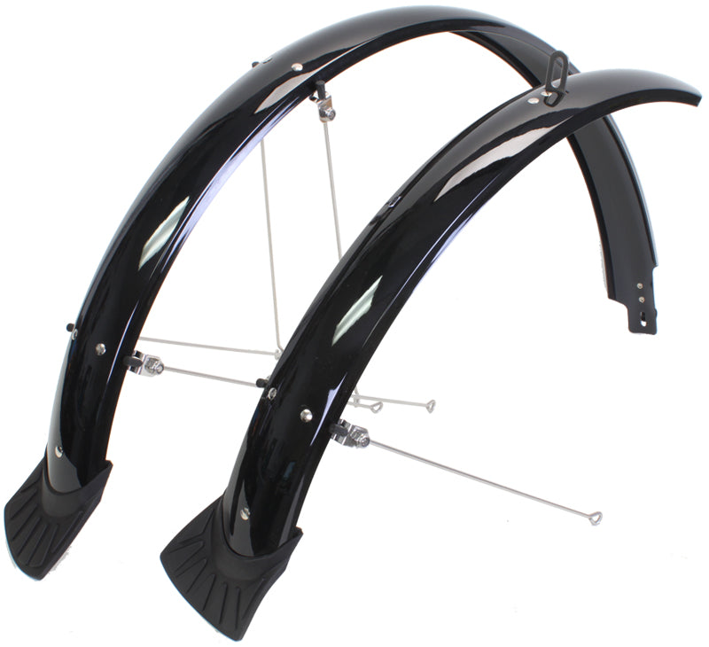 Polycarbonate Fender Set (Front & Back) with durable black rubber, metal studs, and stainless steel stays, suitable for 26 or 700c wheels. Includes attached mud flaps for all-weather protection.