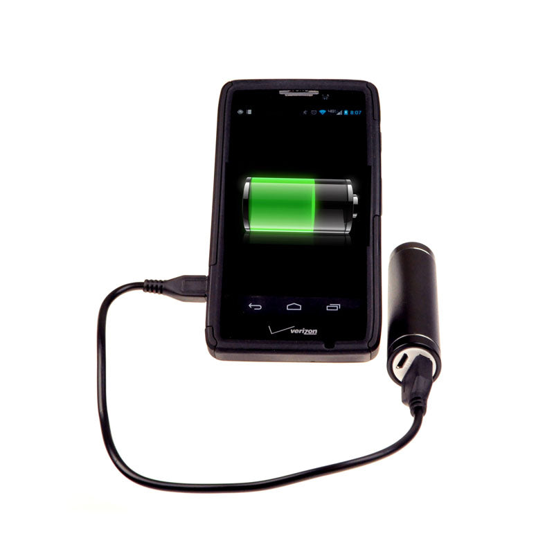 2600 mAh Portable USB External Power Bank Battery Charger with Round Metal Case charging a smartphone via a connected USB cable. The charger features a sleek, cylindrical design and a visible battery indicator.