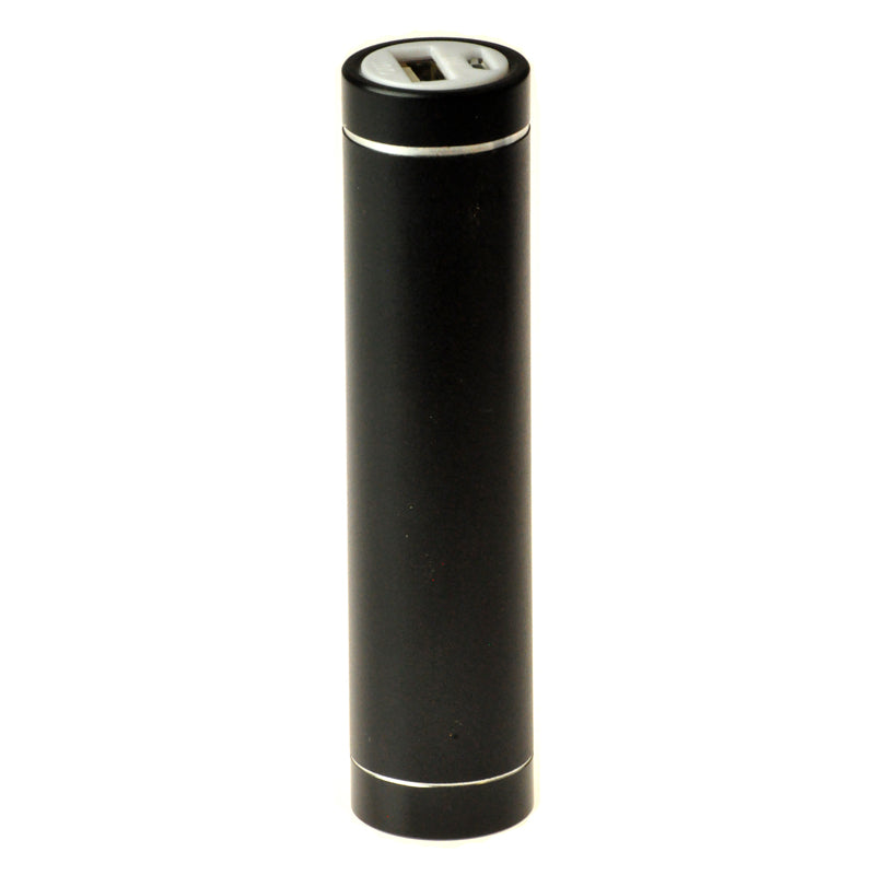 2600 mAh Portable USB External Power Bank Battery Charger with Round Metal Case, shown as a black cylindrical object with a white border, designed for smartphones and tablets.