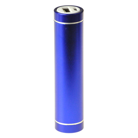 2600 mAh Portable USB External Power Bank Battery Charger with Round Metal Case, featuring a blue cylindrical design with a white border. Perfect for charging smartphones and tablets on the go.