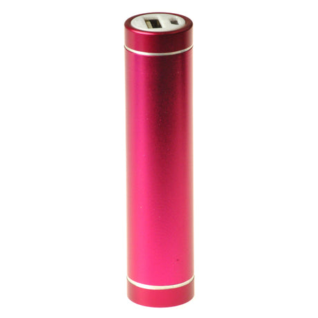 2600 mAh Portable USB External Power Bank Battery Charger with Round Metal Case, featuring a pink cylindrical design and visible USB port for charging smartphones and tablets.