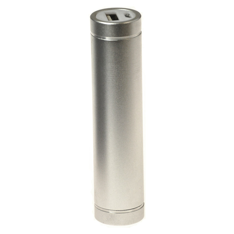 2600 mAh Portable USB External Power Bank Battery Charger with Round Metal Case; silver cylindrical design, featuring a USB port for easy connection to smartphones and tablets.