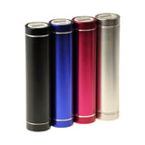 2600 mAh Portable USB External Power Bank Battery Charger with Round Metal Case, shown in a group of colorful cylindrical designs, highlighting the compact and portable nature of the chargers.