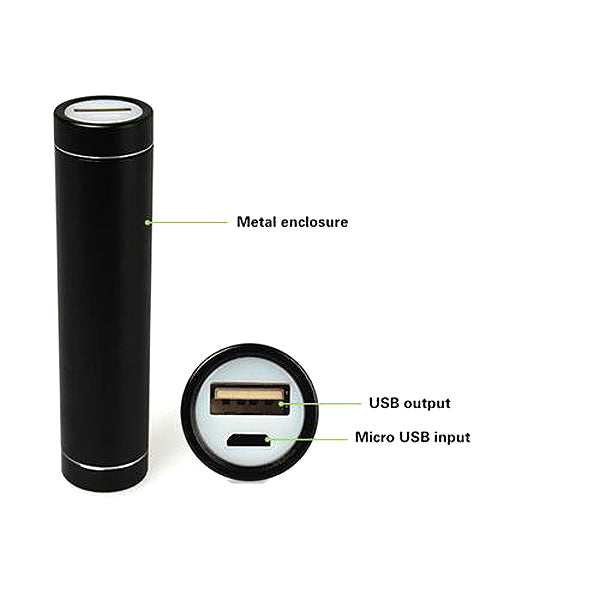 2600 mAh Portable USB External Power Bank Battery Charger with Round Metal Case, featuring a black cylindrical design and visible USB port for charging smartphones and tablets.