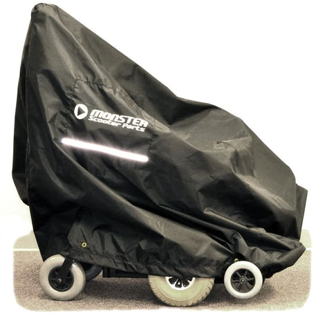 Power Chair Cover Universal Fit on a cart, featuring a durable nylon fabric with reflective safety strip and Monster Scooter Parts logo, designed to fit various power chair sizes.