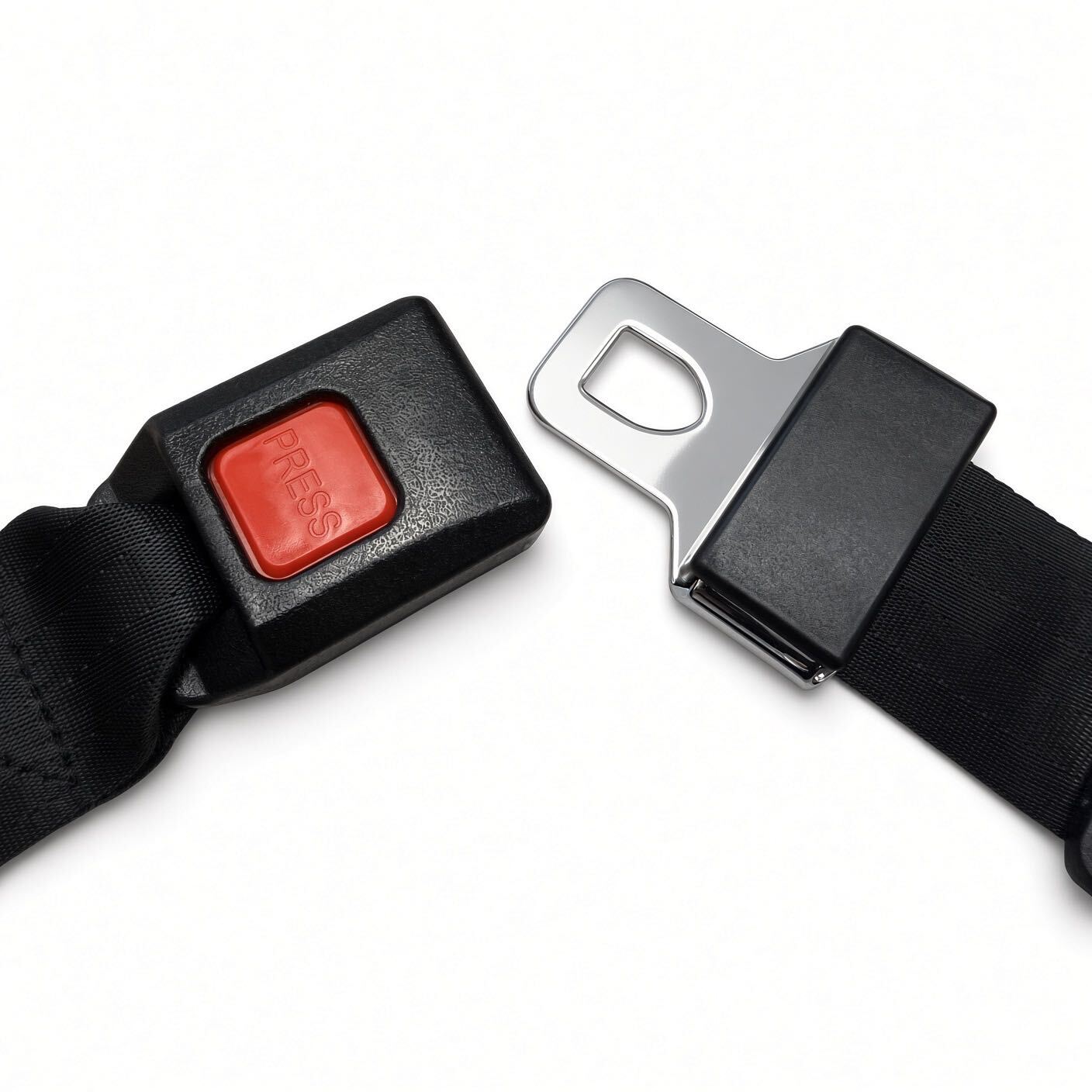 Power chair seat belt buckle unlatched, showing red PRESS release button and chrome metal latch plate