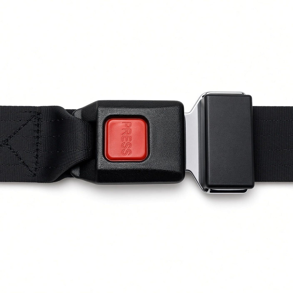 Red push-button seat belt buckle latched on black webbing, power chair lap belt