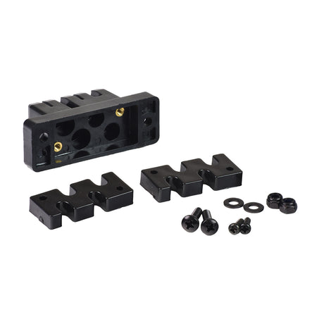 Motor and Brake Connector Assembly for the Go-Go Elite Traveller, Pride Revo 2.0, Victory 9 & 10, featuring a black plastic piece with screws, bolts, and connector holes.