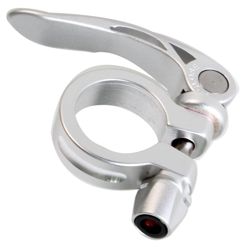 Premium Quick Release Seat Clamp for Bikes & Scooters, featuring a durable, silver metal construction with a round handle, suitable for 28.6 mm seat tubes on bicycles and scooters.