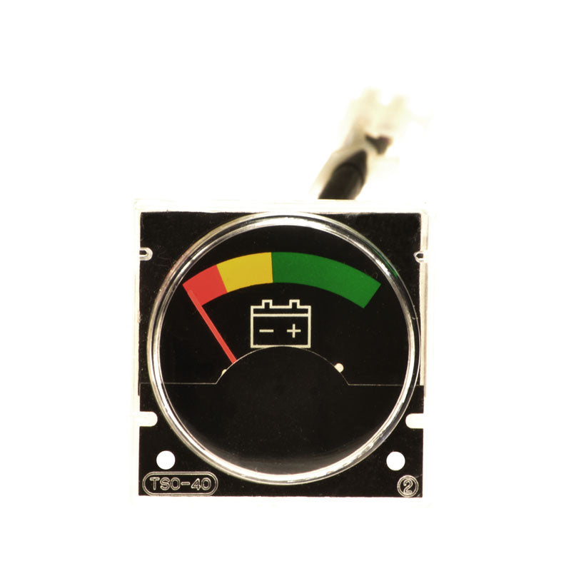 Battery Voltage Meter Assembly for Go-Go and Pride Scooters, featuring a close-up of a battery gauge with green and red indicators, essential for monitoring scooter battery health.