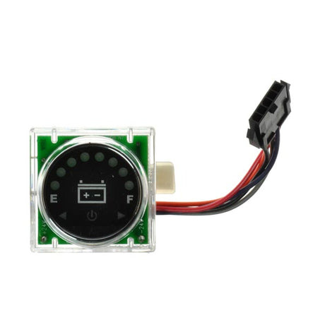 LED Battery Meter for Pride and Go-Go Scooters, showing a small square device with a black circle and attached red and black wires, essential for model compatibility and optimal performance.