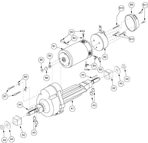 Diagram of the Motor Assembly (Motor, Transaxle, and Brake) for 2nd Generation Pride Hurricane (PMV5001), showcasing technical components in a line art sketch format.