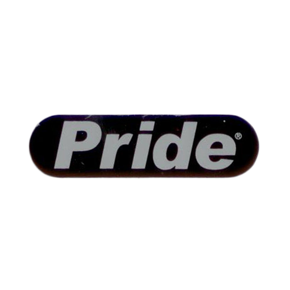 Pride Logo Sticker: Close-up of a black rectangular sign with a white Pride Mobility logo, ideal for covering minor scratches and dings on scooters or other Pride Mobility products.