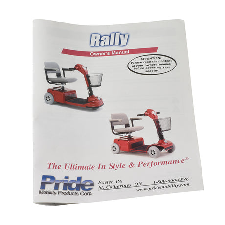 Owner's Manual for the Pride Rally (SC150/SC151/SC155) showcasing detailed specifications and troubleshooting advice, featuring images of a red scooter with a basket, close-ups of logos, and wheel illustrations.