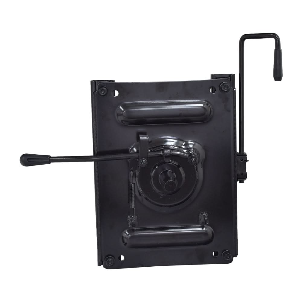 Underside of Pride MEC145492 seat plate showing swivel lock mechanism, spring and swivel release lever