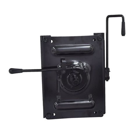 Underside of Pride MEC145492 seat plate showing swivel lock mechanism, spring and swivel release lever