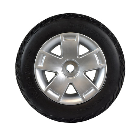 Rear Wheel Assembly with Black Flat-Free Tire for Pride Victory 10, Victory ES 10, & Victory Sport, featuring a 10.75x3.6 solid tire and a stylish silver 5-spoke rim, ideal for mobility scooters.