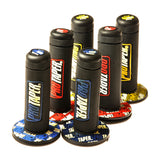 Pro Taper Handlebar Grip Set for Scooters, ATVs, & Dirt Bikes, featuring black handlebars with colorful labels and close-up logos indicating blue, red, and yellow options for professional use.