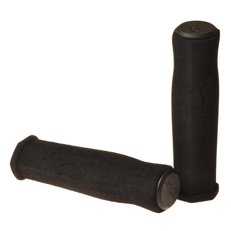 Propalm Handlebar Grip Set featuring a pair of high-density, black handlebar grips, 5-1/8 long, suitable for 7/8 handlebars, displayed close-up to highlight texture and design.