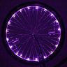 LED Bicycle Rim Spoke String Lights illuminating a bicycle wheel with vibrant purple LEDs, enhancing visibility. The lights are wrapped around the spokes, showcasing their steady and flash modes for added safety.