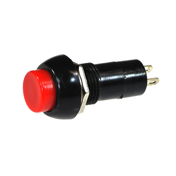 Close-up of the Push Button On/Off Switch, featuring a red button on a black metal device. This 2-pin switch is ideal for various DC electrical systems and includes a nut and washer.