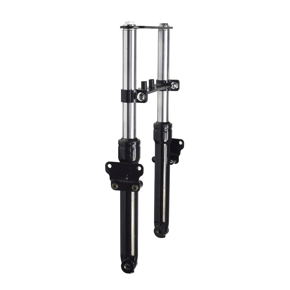 Front Fork for the Motovox MBX11, featuring a sturdy black and silver hydraulic cylinder design, ideal for replacing worn or damaged forks to ensure safe and smooth turning on the mini bike.