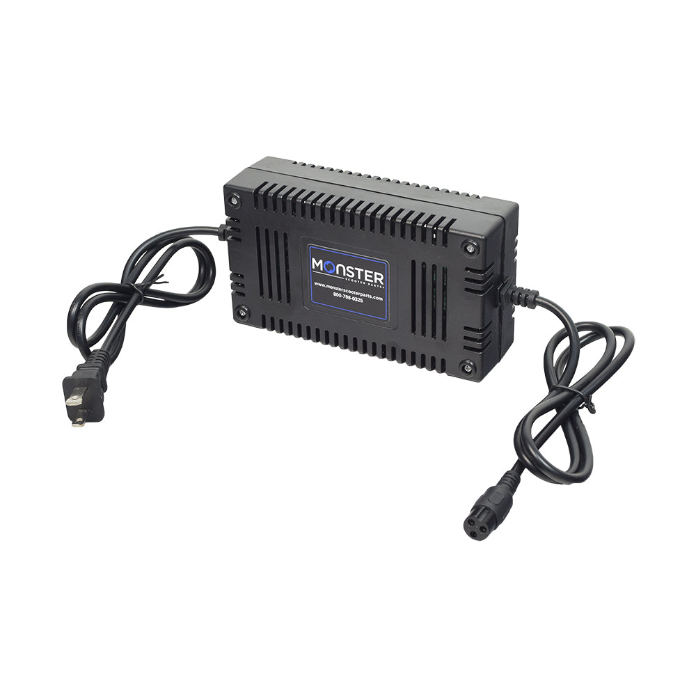 Razor E500S Battery Charger (Standard) with black casing, attached wires, and a 3-prong plug. Features a blue label and LED indicators for charge status.