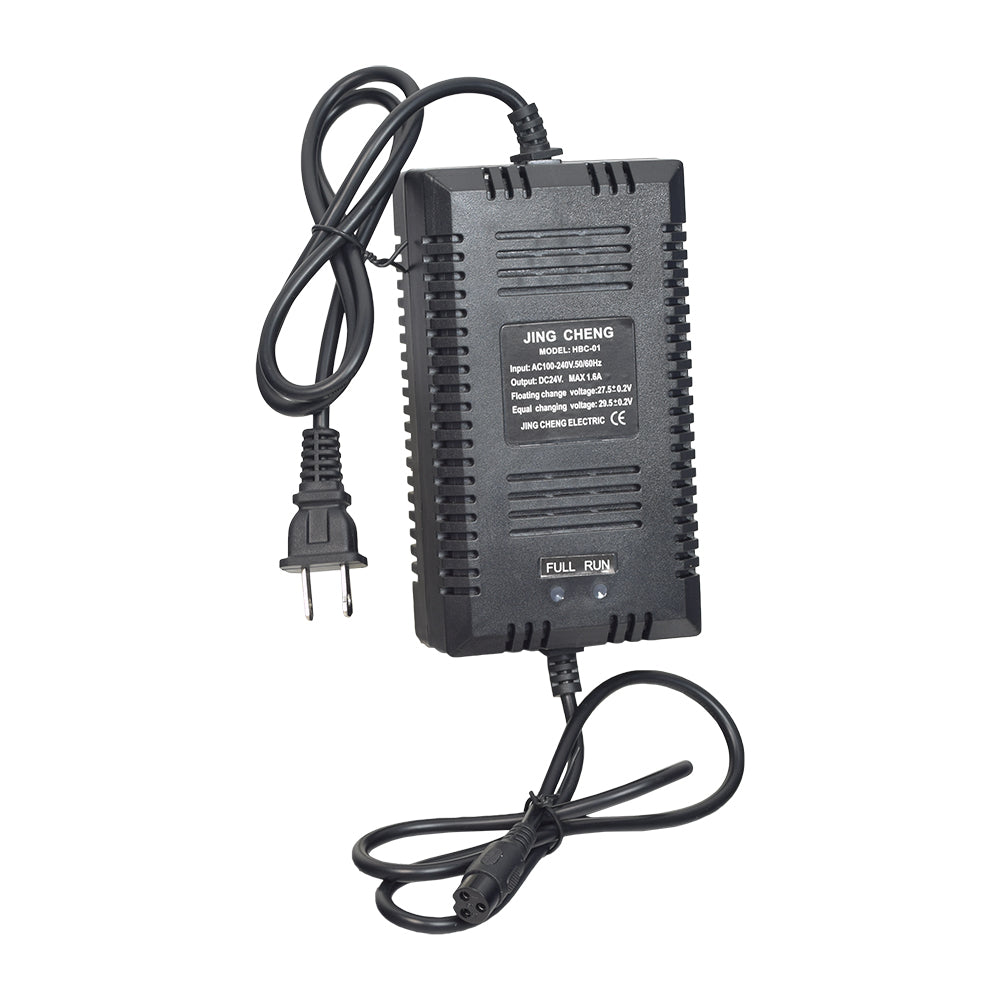 Razor E500S Battery Charger (Standard) – A black power supply with a 3-prong plug and attached cord, featuring white text and an LED indicator for charge status.