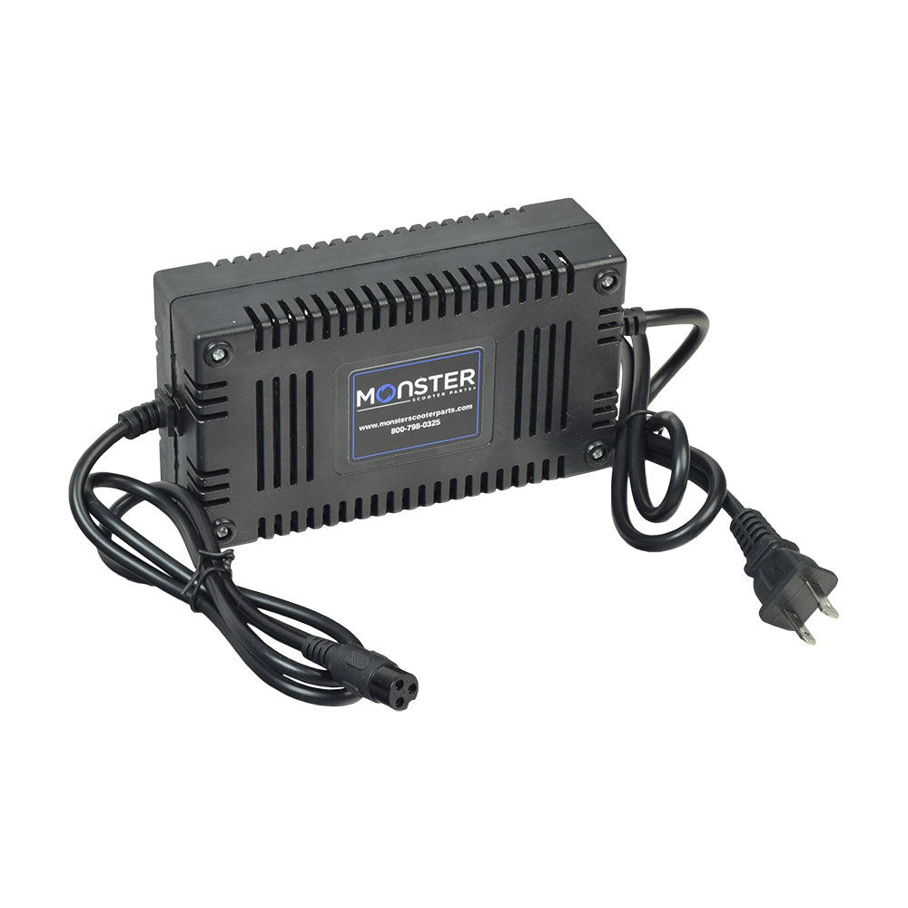 36 Volt 1.8 Amp 3-Prong Battery Charger (Standard) for electric scooters, featuring a black power supply with an attached black cable and a 3-prong female connector.