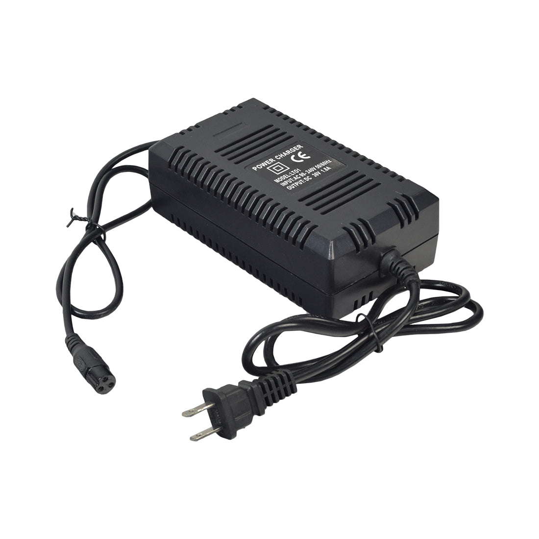 36 Volt 1.8 Amp 3-Prong Battery Charger (Standard) with attached cables, designed for electric scooters, featuring a 3-prong female connector and black casing.