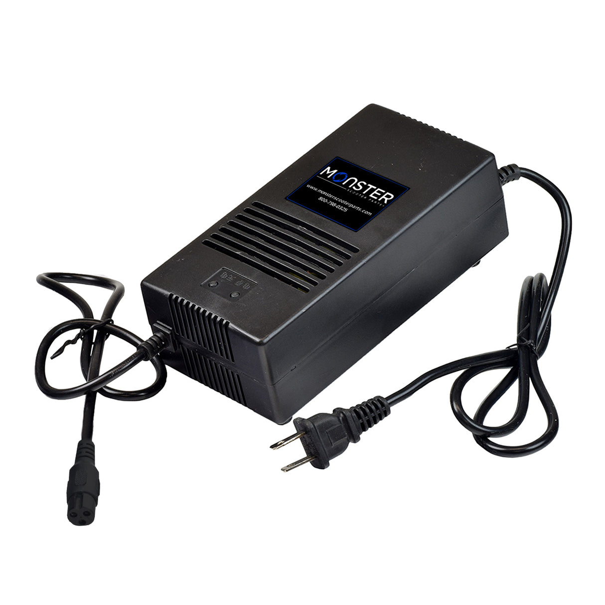 48 Volt 1.8 Amp 3-Prong Battery Charger for the MotoTec Drifter Electric Drift Trike, showing a black power supply with a cord and 3-prong connector, designed for safe and efficient charging.