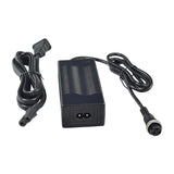 24 Volt 1.5 Amp 3-Prong Battery Charger: Black power cord with plug and rubber-banded wire, designed for Razor scooters and other 24-volt scooters with 3-prong connectors.