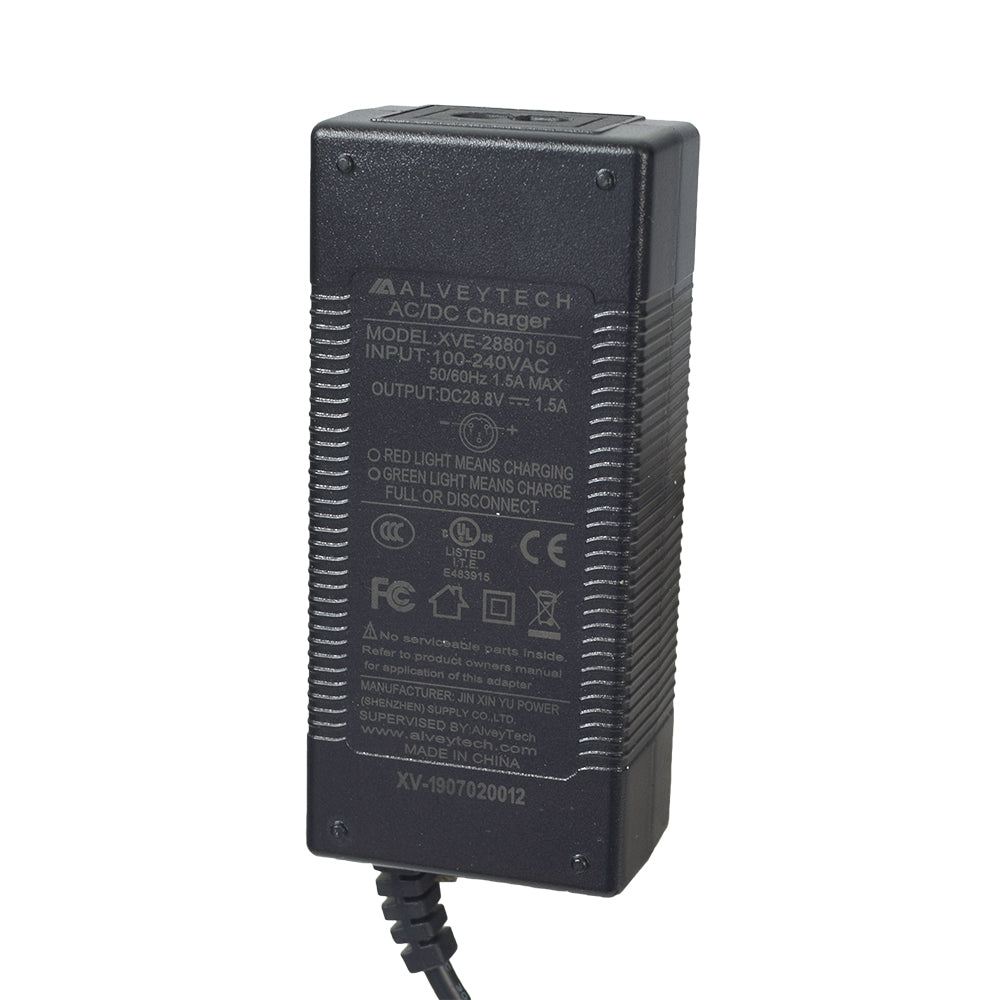 24 Volt 1.5 Amp 3-Prong Battery Charger featuring a black inline design with attached cord, close-up label with text and symbols, and LED display indicating charging status. Suitable for Razor scooters and other 24 volt scooters.