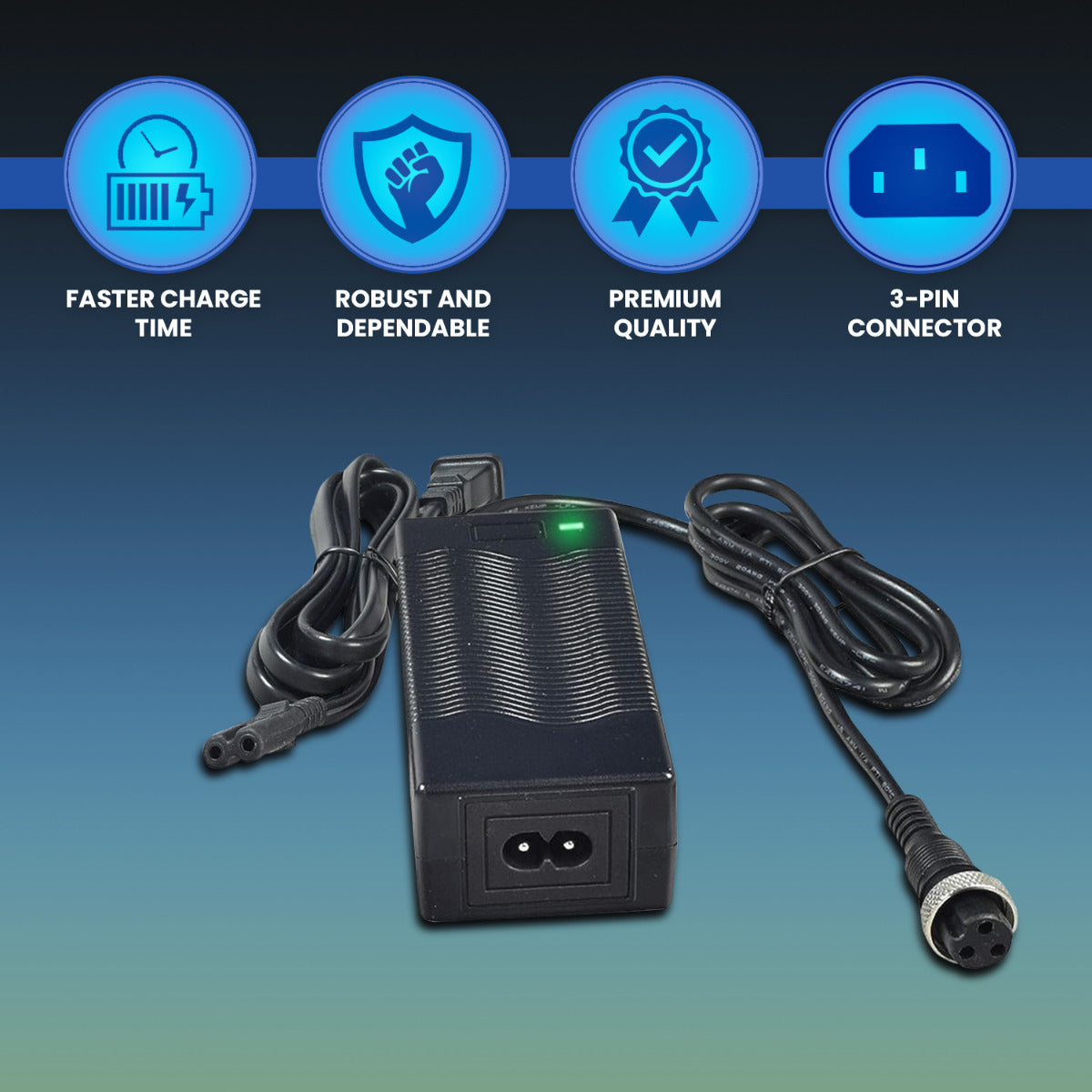 24 Volt 1.5 Amp 3-Prong Battery Charger by AlveyTech, featuring a black power supply with a green light indicator, designed for Razor scooters and other 24 volt scooters with a 3-prong connector.