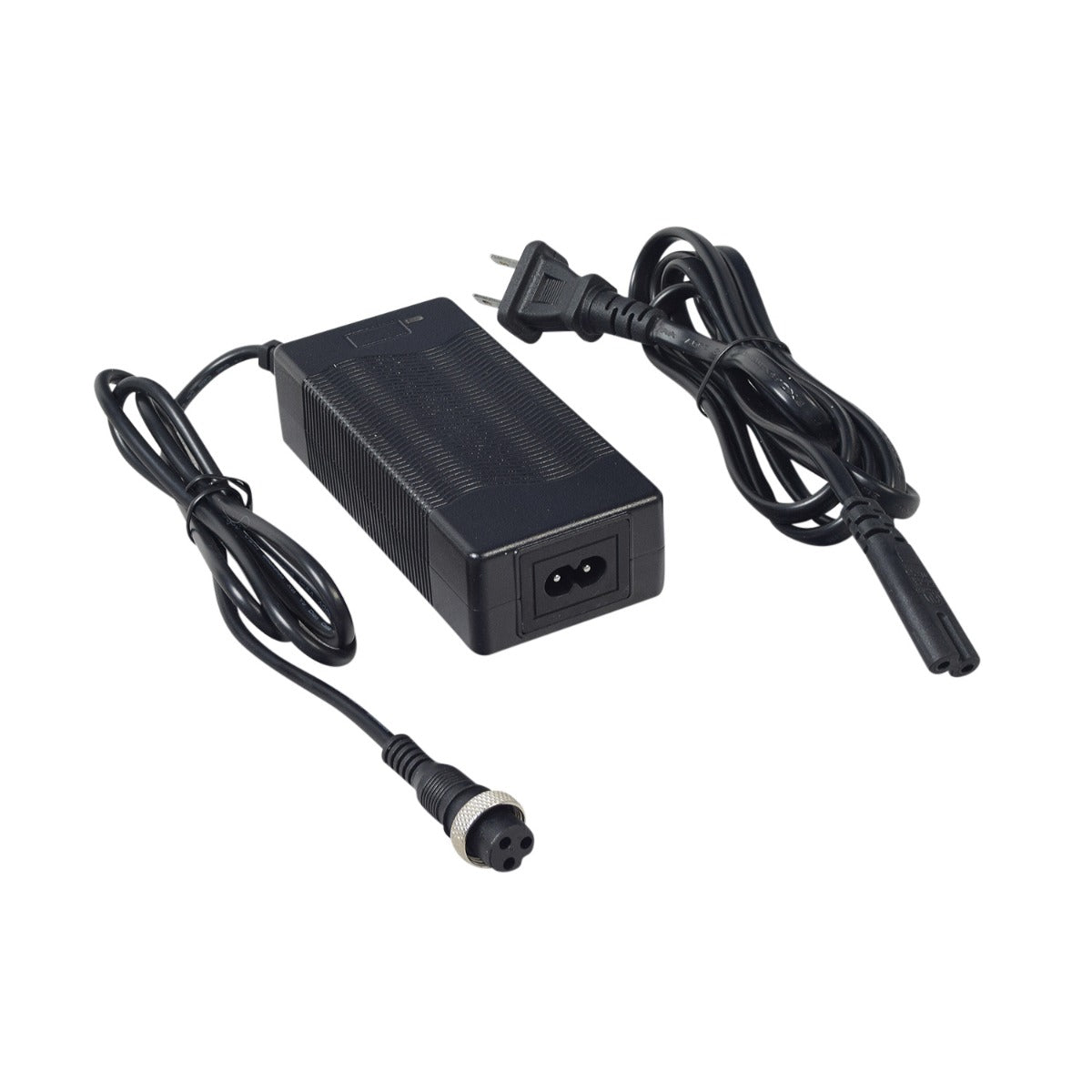 36 Volt 1.5 Amp 3-Prong Battery Charger with a black power cord and plug, designed for electric scooters, featuring an automatic shut-off and LED display indicating charging status.