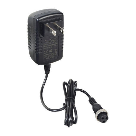 12 Volt 1.0 Amp (1000 mA) 3-Prong Battery Charger showing a close-up of its black power cord and plug, designed for replacing electric scooter chargers with LED indicators for charging status.