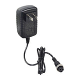 12 Volt 0.8 Amp Mini 3-Prong Battery Charger for electric scooters, featuring a black power cord with a plug and a close-up of the mini 3-prong connector.