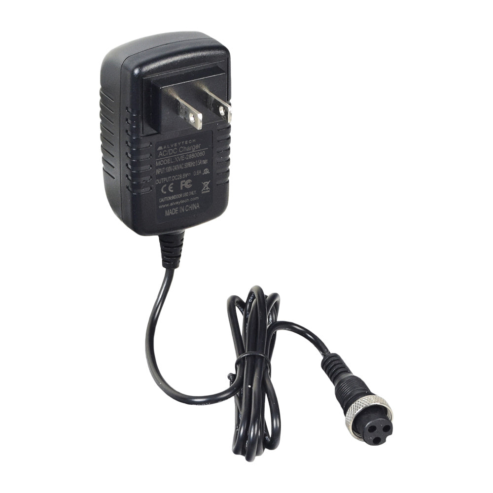 24 Volt 0.6 Amp 3-Prong Power Brick Style Battery Charger for the Monster Moto / Mega Moto MM-eRCH Electric Mini Bike, featuring a black power cord and a close-up of the 3-prong connector.