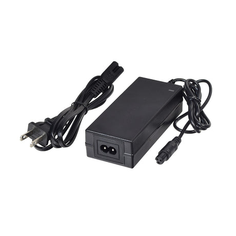 29 Volt Mini 3-Prong Lithium-ion Battery Charger, featuring a black power cord with a plug, designed for Swagtron T5 and T580 hoverboards, includes LED charge status indicators and automatic shut-off.