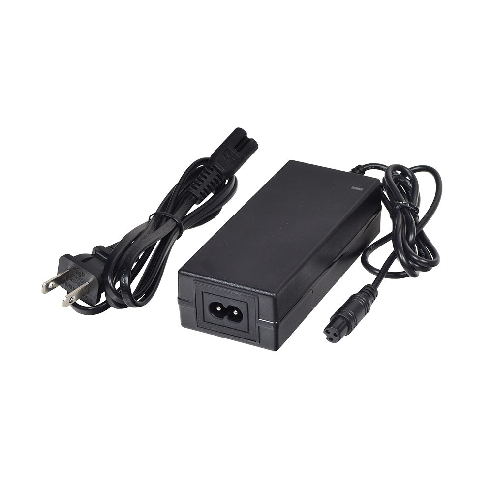 29 Volt Mini 3-Prong Lithium-ion Battery Charger for Swagtron T5 & T580 Hoverboards, featuring a black power cord with a mini 3-prong plug, suitable only for these models.