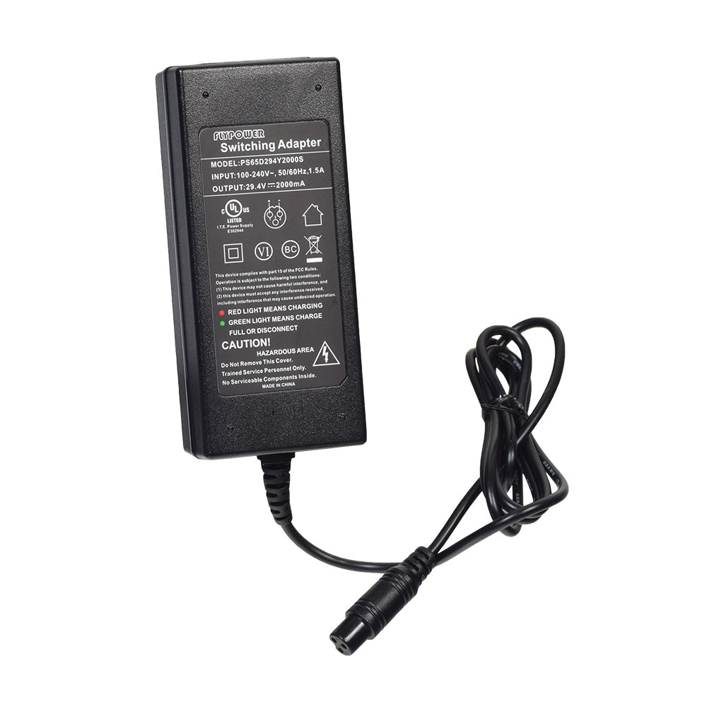 29 Volt Mini 3-Prong Lithium-ion Battery Charger with a black power adapter, cord, and LED indicators for hoverboards like Swagtron T5 and T580.