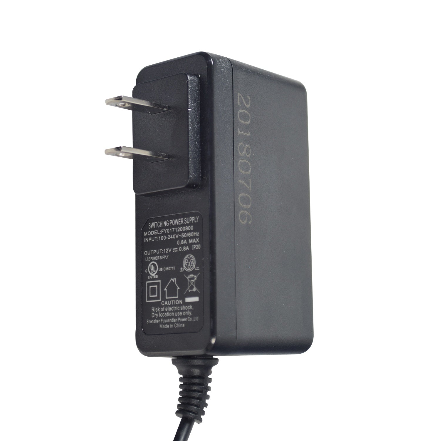 12 Volt 0.8 Amp Mini 3-Prong Battery Charger, featuring a close-up of the black power cord, plug, and charger unit with LED indicators for charging status.