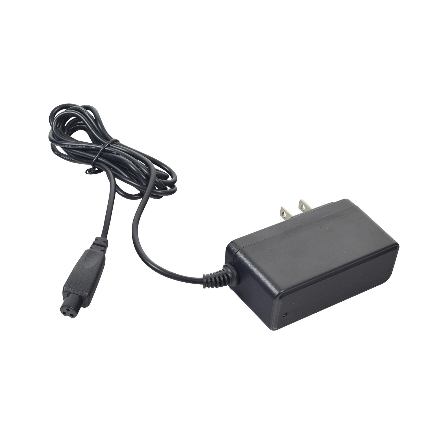 24 Volt 0.6 Amp Mini 3-Prong Wall Style Battery Charger for the Viro Rides Vega Scooter, featuring a black adapter with an attached cord and mini 3-prong plug.