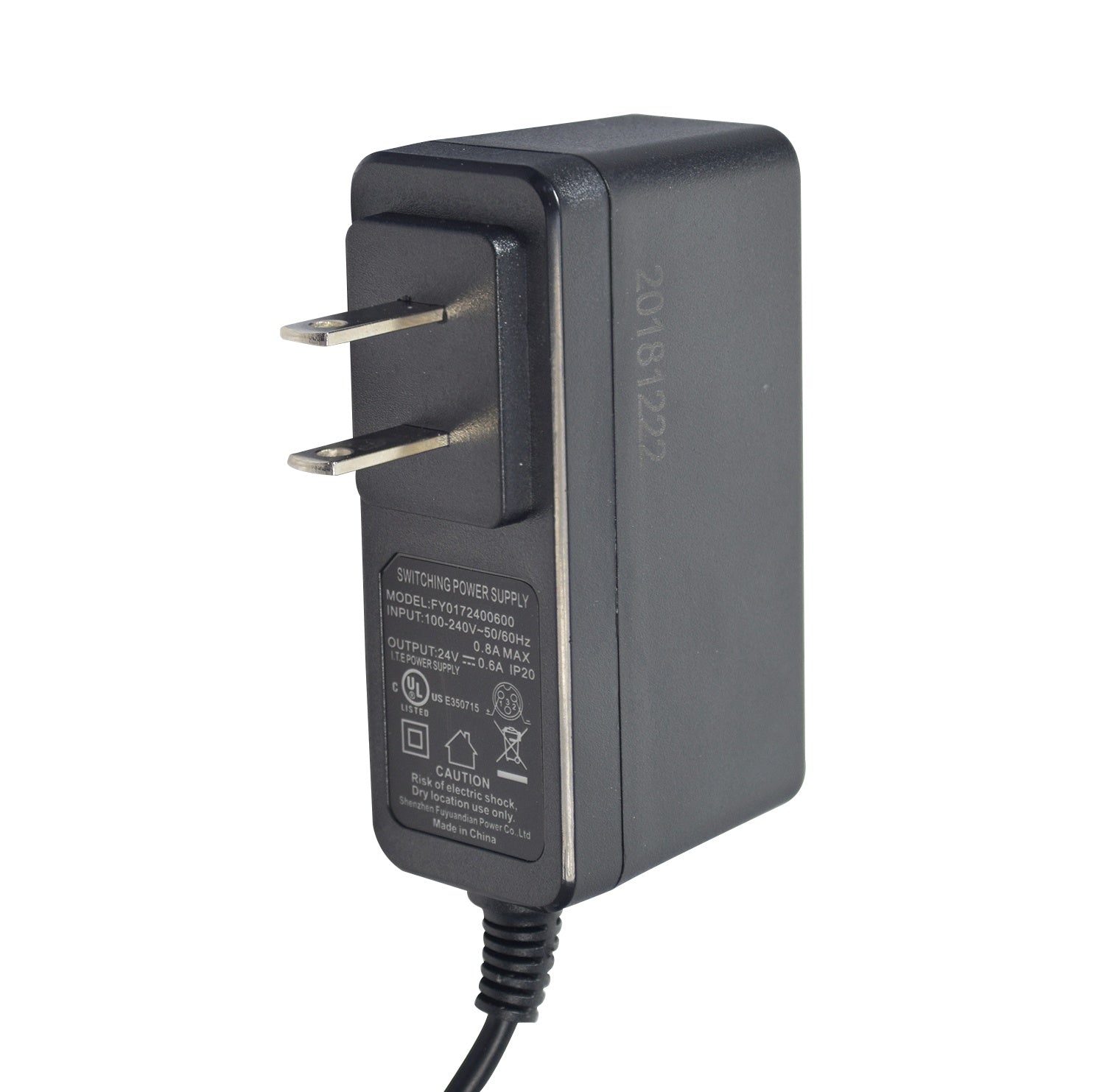 24 Volt 0.6 Amp Mini 3-Prong Wall Style Battery Charger with a black power cord and plug, suitable for Viro Rides Vega scooter, featuring an LED display and compact wall-mounted design.