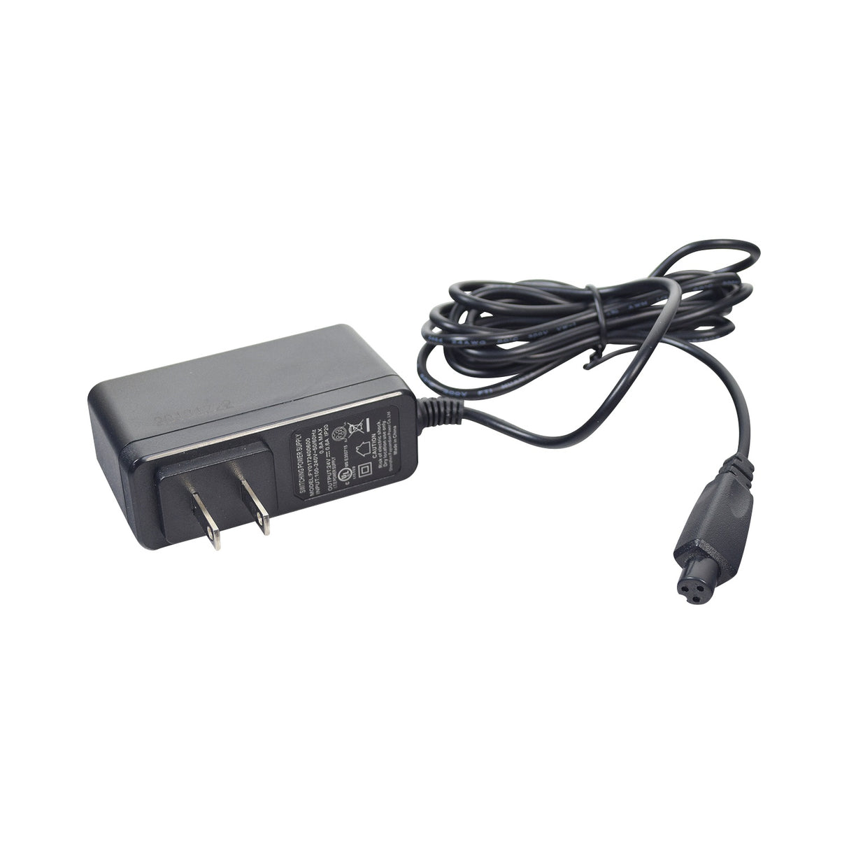 24 Volt 0.6 Amp Mini 3-Prong Wall Style Battery Charger for the Viro Rides Vega Scooter, featuring a compact black power cord and plug designed for direct wall socket use, ensuring safety and convenience.