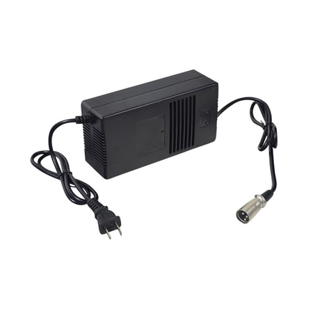 48 Volt 1.8 Amp XLR SLA Battery Charger featuring a black rectangular design with multiple power cords and an XLR connector, suitable for electric scooters with offboard charging female XLR sockets.