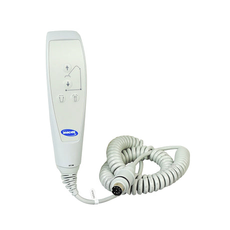 Hand Control for Invacare Reliant Patient Lifts with Power Legs, showcasing a white device with buttons and a coiled cord, designed for precise lift operation and easy handling.