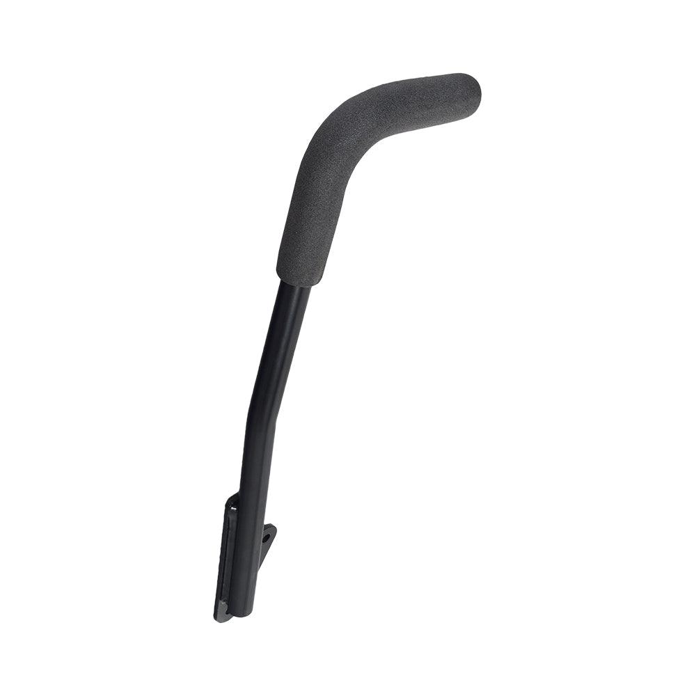 18 Black Right Side Back Cane Assembly with 10 Degree Bend for Invacare Pronto M50, M51, M79, & M91 Power Chairs, shown close-up with a black handle and sleek, durable design.