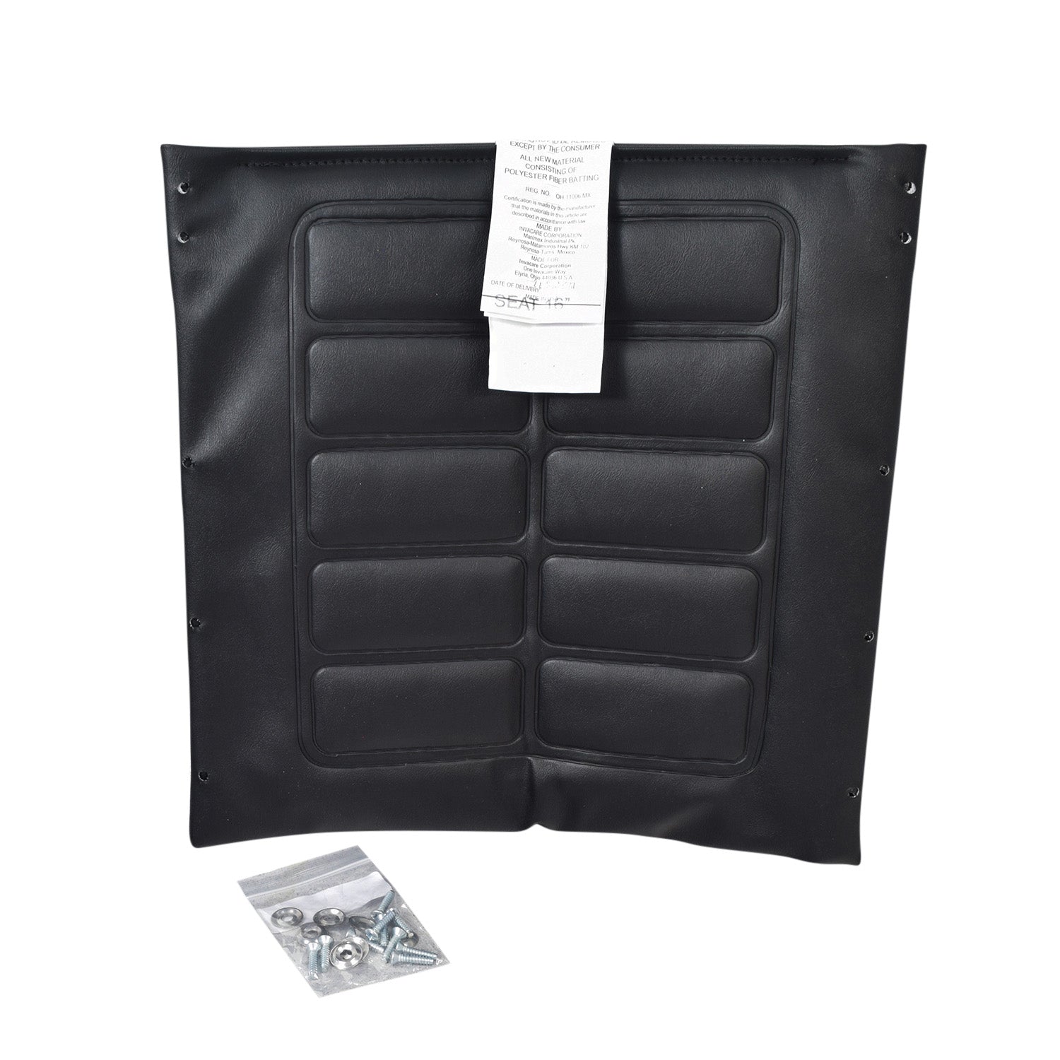 16x16 Black Vinyl Seat Upholstery Kit for Invacare Tracer & 9000 Series Wheelchairs, featuring a black cushion with a white label and accompanying screws and washers for secure mounting.