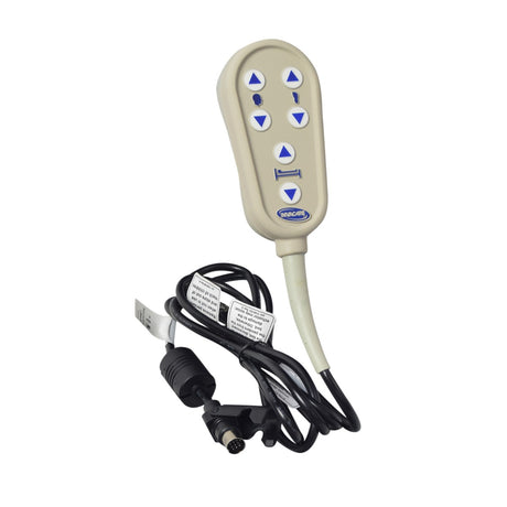 6-Button 3-Function Hand Control Pendent for Invacare G-Series Full Electric Bed, featuring six buttons and a folding snap-lock 13-pin connector, with visible cables and buttons.